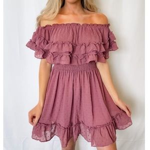 Off Shoulder Flounce Cinched Swiss Polka Dot Dress